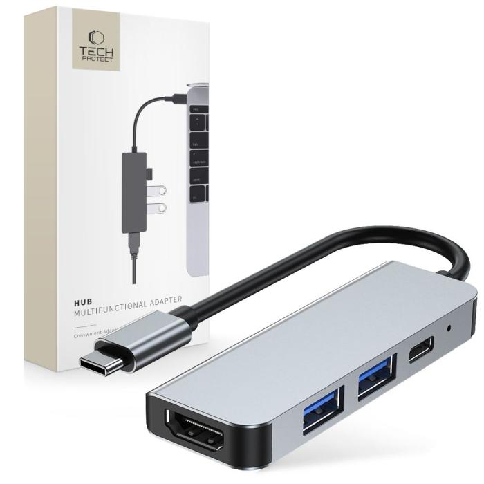 Bild 1, Tech-Protect 4in1 USB-C Hub USB-A / HDMI / USB-C Grå