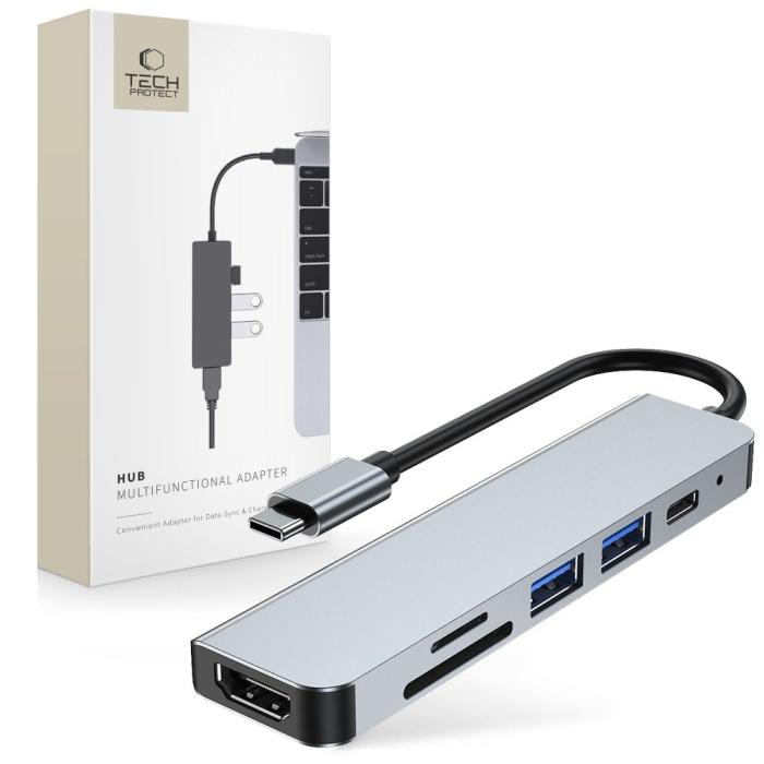 Bild 1, Tech-Protect 6in1 USB-C Hub USB/USB-C/Minneskortläsare Grå