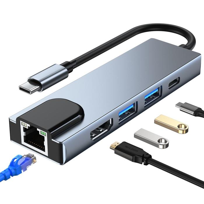 Bild 2, Tech-Protect 5in1 USB-C Hub USB/HDMI/Ethernet/USB-C Grå