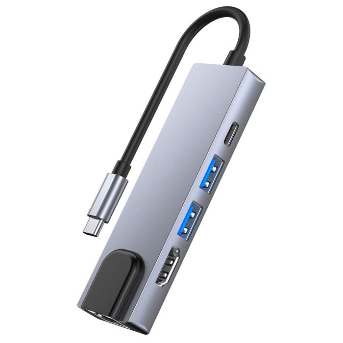 Bild 4, Tech-Protect 5in1 USB-C Hub USB/HDMI/Ethernet/USB-C Grå