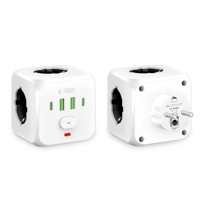 Bild 2, Tech-Protect Grendosa Med 3x Eluttag 2x USB-C + 2x USB-A Vit