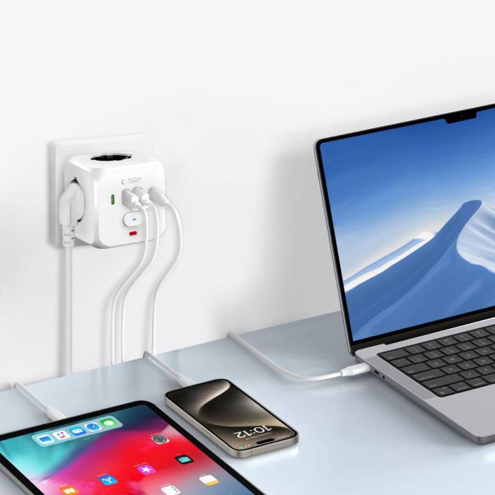 Bild 3, Tech-Protect Grendosa Med 3x Eluttag 2x USB-C + 2x USB-A Vit