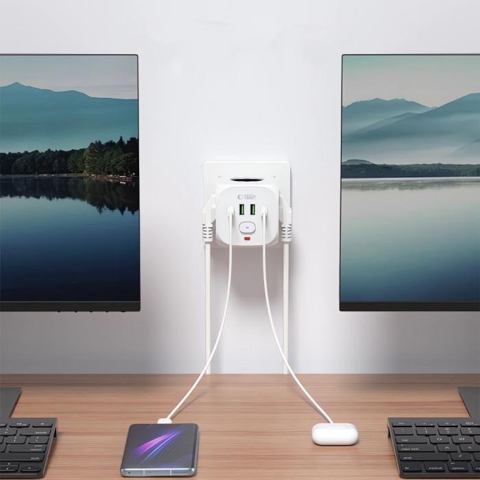 Bild 5, Tech-Protect Grendosa Med 3x Eluttag 2x USB-C + 2x USB-A Vit