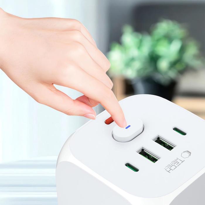 Bild 6, Tech-Protect Grendosa Med 3x Eluttag 2x USB-C + 2x USB-A Vit