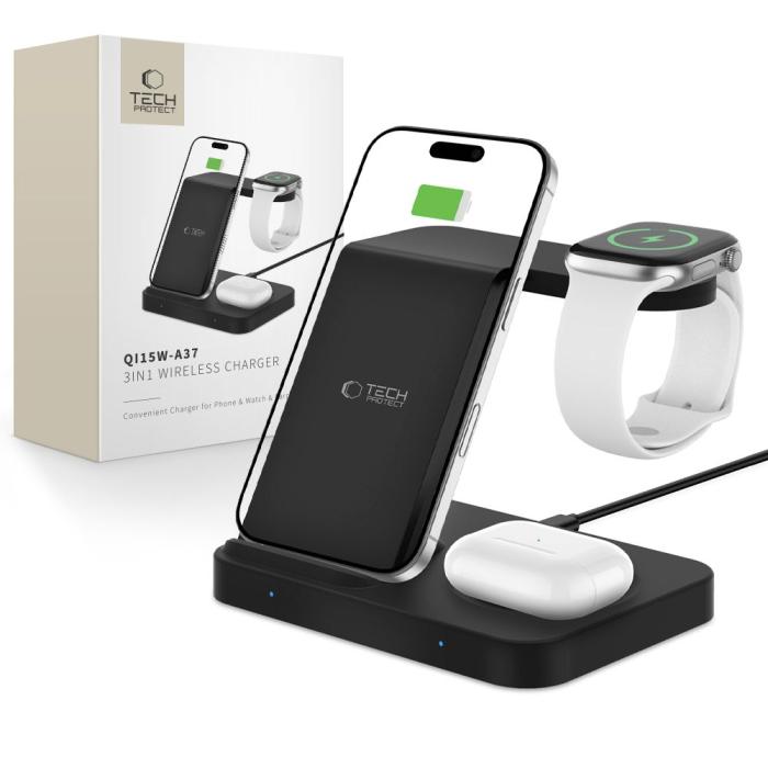 Bild 1, Tech-Protect 3in1 15W Trådlös Laddare Android/Apple Svart