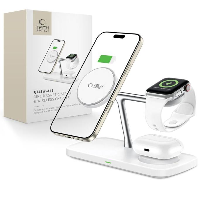 Bild 1, Tech-Protect 3in1 15W Trådlös Magnetisk MagSafe Laddare Vit
