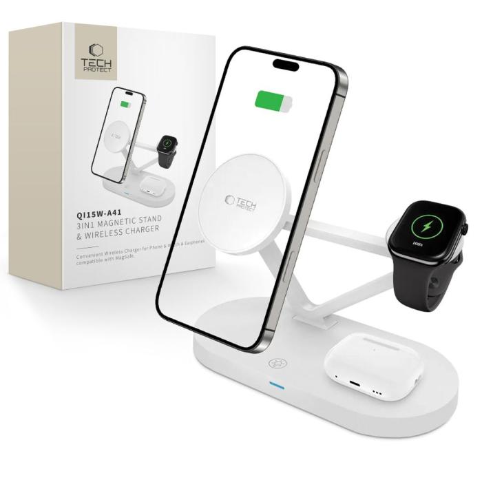 Bild 1, Tech-Protect 3in1 15W Magnetisk MagSafe Trådlös Laddare Vit