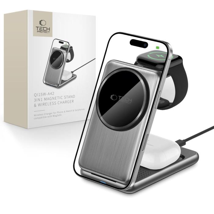 Bild 1, Tech-Protect 3in1 15W Qi MagSafe Vikbar Laddare Space Grey