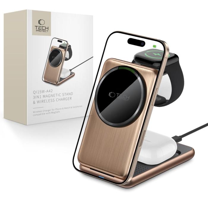 Bild 1, Tech-Protect 3in1 15W Qi MagSafe Vikbar Laddare Desert Gold