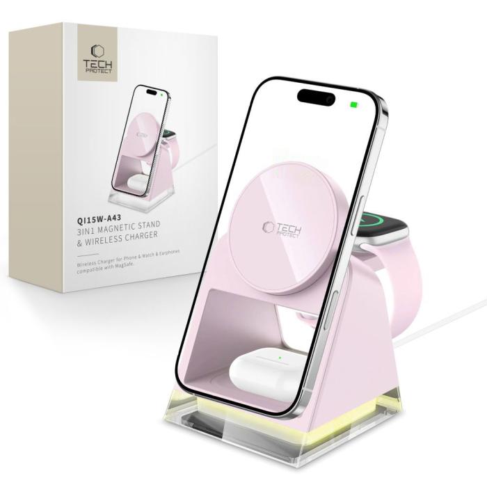 Bild 1, Tech-Protect 3in1 15W Qi Magnetisk MagSafe Laddare Baby Pink