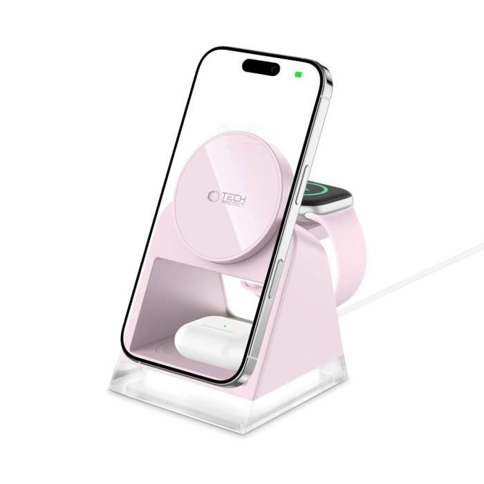 Bild 6, Tech-Protect 3in1 15W Qi Magnetisk MagSafe Laddare Baby Pink