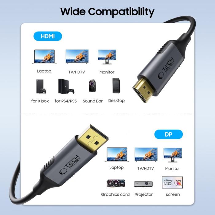 Bild 2, Tech-Protect 2m DisplayPort - HDMI 2.0 4K 60Hz Kabel UltraBoost
