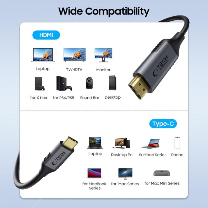 Bild 2, Tech-Protect 1.8m 4K 60Hz USB-C - HDMI 2.0 Kabel UltraBoost
