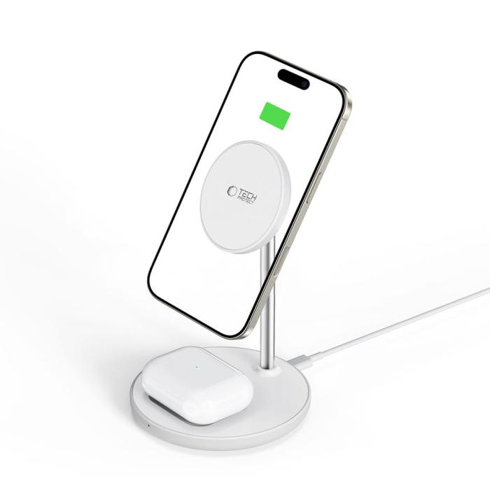 Bild 2, Tech-Protect 15W Qi 2in1 Magnetisk MagSafe Laddare Vit
