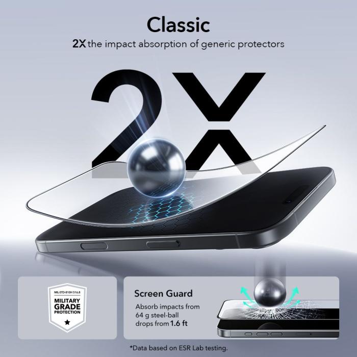 Bild 5, ESR iPhone 17 / 16 Pro 2-PACK Skärmskydd UltraFit Härdat Glas Transparent
