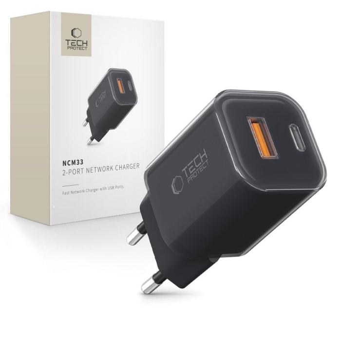 Bild 1, Tech-Protect 33W Väggladdare PD QC USB-C / USB-A Svart