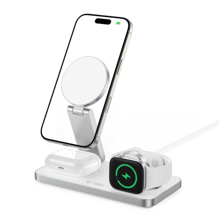 Bild 2, Tech-Protect 15W Qi Trådlös 3in1 Magnetisk MagSafe Laddare Vit