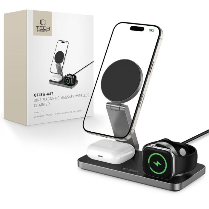Bild 1, Tech-Protect 15W Qi Trådlös 3in1 Magnetisk MagSafe Laddare Svart
