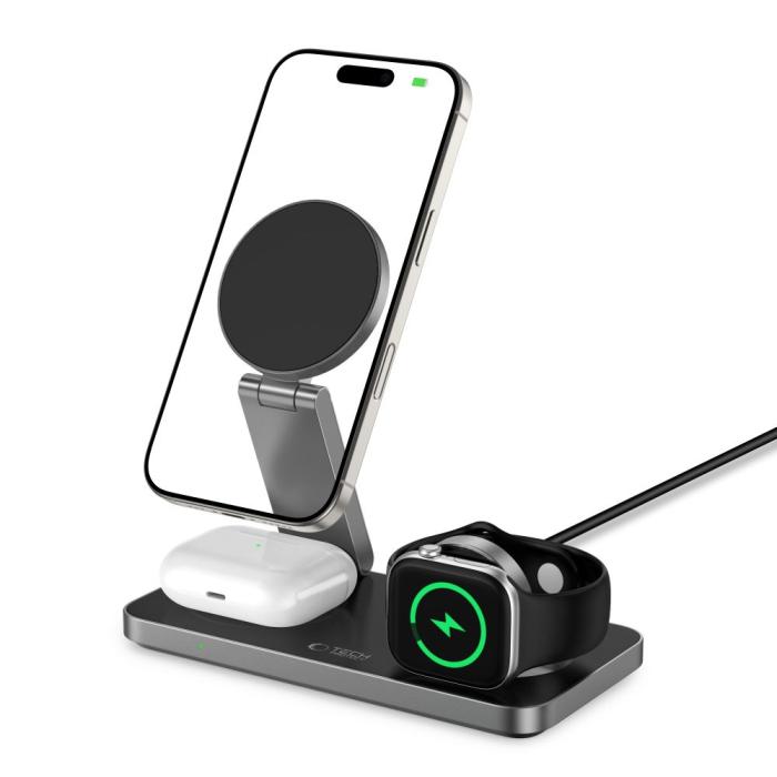 Bild 2, Tech-Protect 15W Qi Trådlös 3in1 Magnetisk MagSafe Laddare Svart