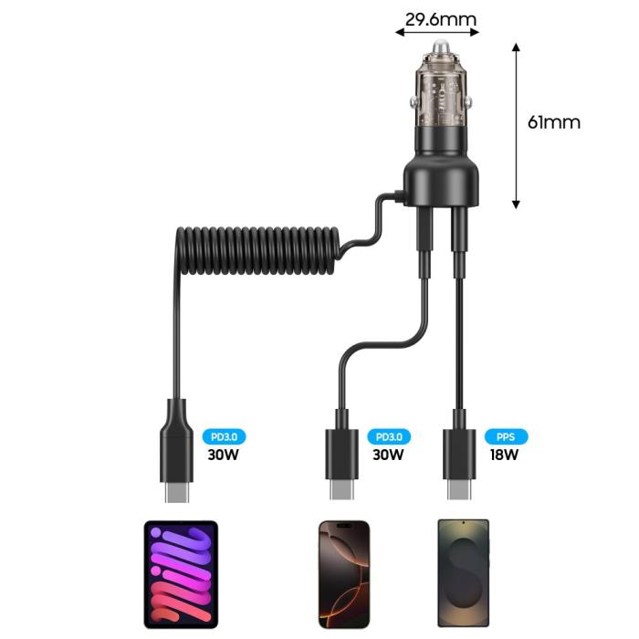 Bild 2, Tech-Protect 60W PD USB-C/USB-A Billaddare Inkl. Kabel Svart
