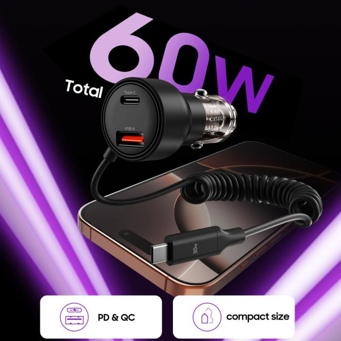 Bild 3, Tech-Protect 60W PD USB-C/USB-A Billaddare Inkl. Kabel Svart
