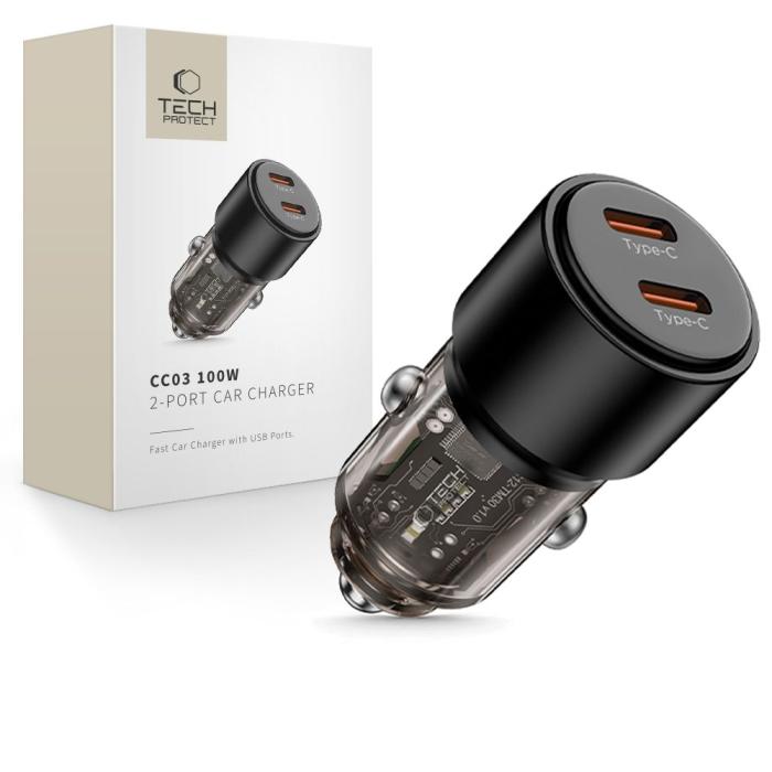 Bild 1, Tech-Protect 100W PD USB-C / USB-A Billaddare Svart