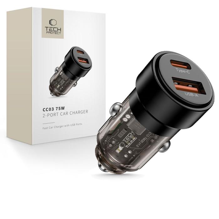 Bild 1, Tech-Protect 75W PD USB-C / USB-A Billaddare Svart
