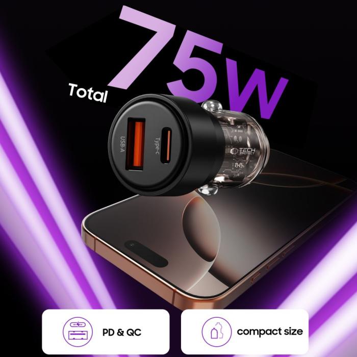Bild 4, Tech-Protect 75W PD USB-C / USB-A Billaddare Svart