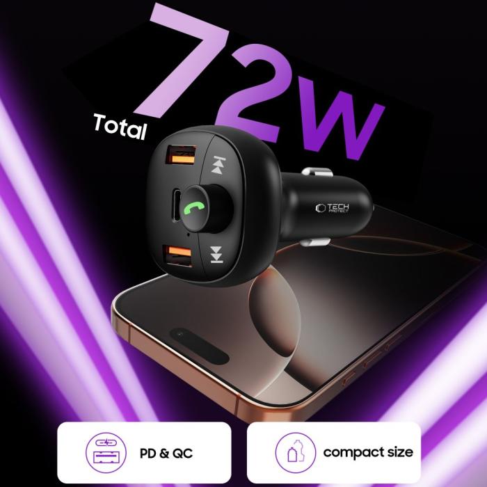 Bild 4, Tech-Protect 72W PD USB-C / USB-A Billaddare Med Bluetooth FM Sändare