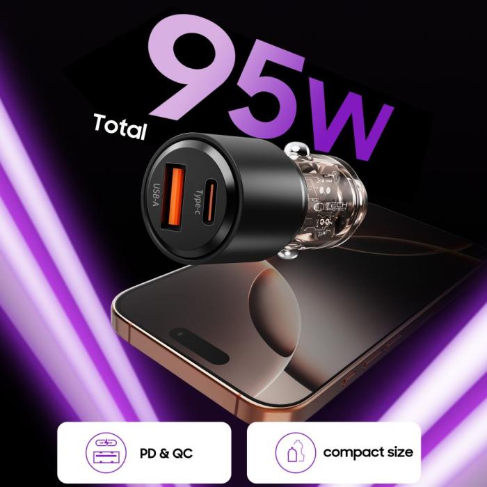 Bild 4, Tech-Protect 95W PD QC Billaddare USB-C / USB-A Svart
