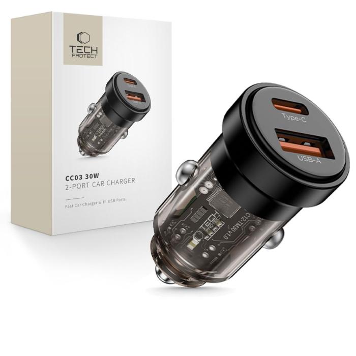 Bild 1, Tech-Protect 30W PD QC Billaddare USB-C / USB-A Svart