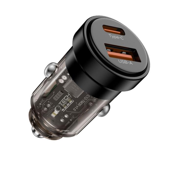 Bild 2, Tech-Protect 30W PD QC Billaddare USB-C / USB-A Svart
