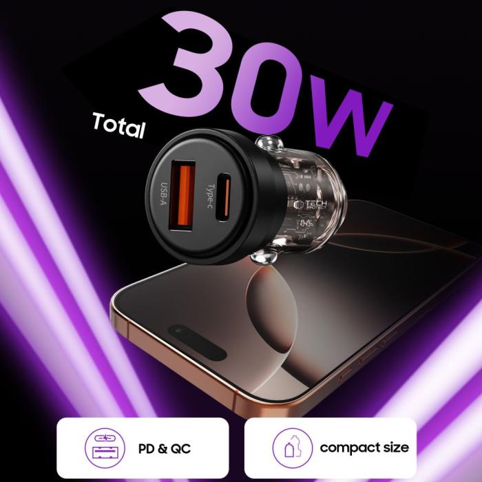 Bild 4, Tech-Protect 30W PD QC Billaddare USB-C / USB-A Svart