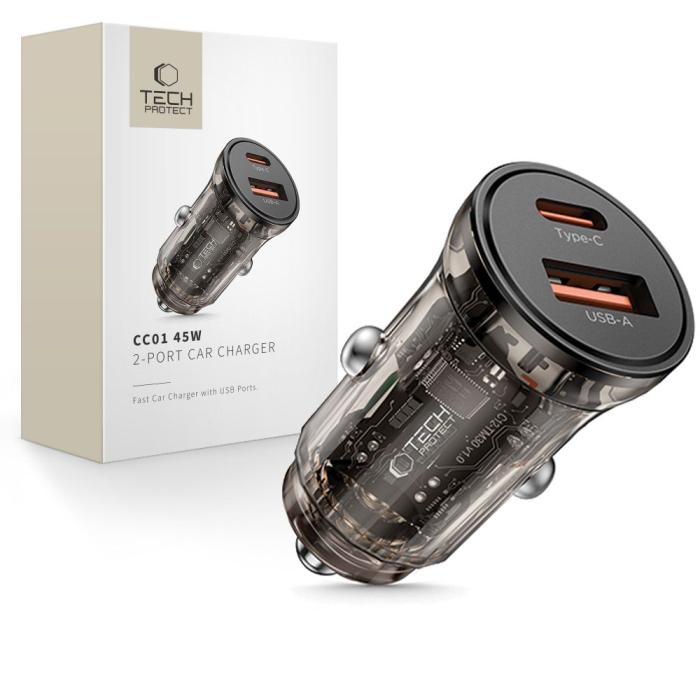 Bild 1, Tech-Protect 45W PD QC Billaddare USB-C / USB-A Svart