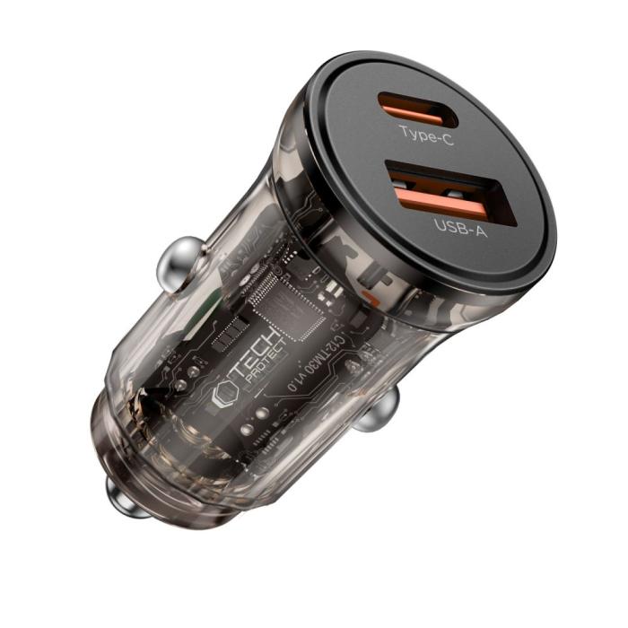 Bild 2, Tech-Protect 30W PD QC Billaddare USB-C / USB-A Svart