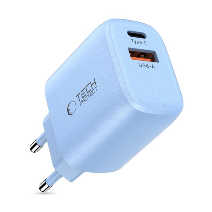 Bild 2, Tech-Protect 20W Väggladdare PD QC3.0 USB-C / USB-A Baby Blue