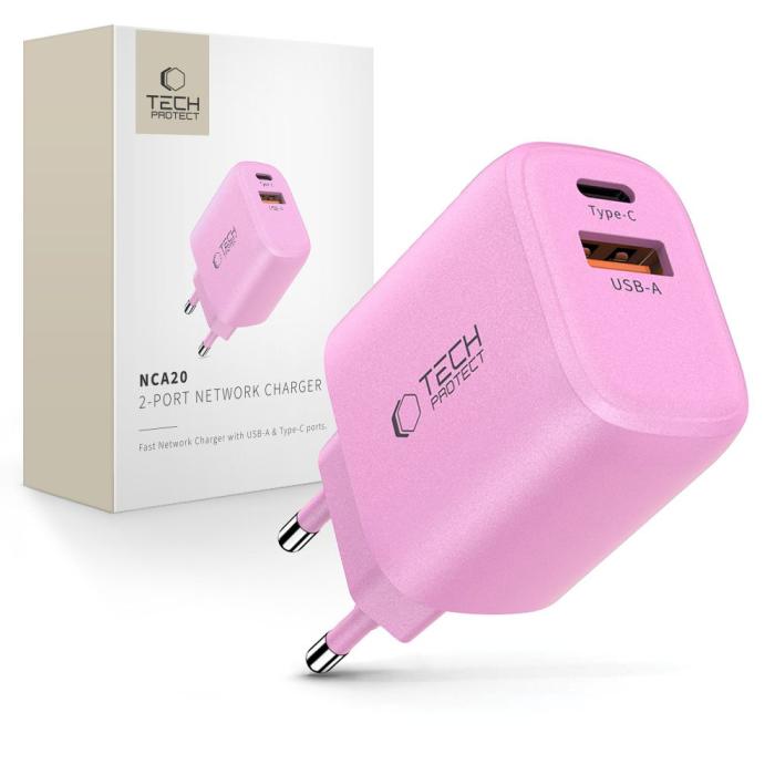 Bild 1, Tech-Protect 20W Väggladdare PD QC3.0 USB-C / USB-A Baby Pink