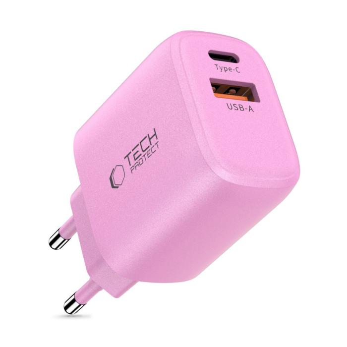 Bild 2, Tech-Protect 20W Väggladdare PD QC3.0 USB-C / USB-A Baby Pink