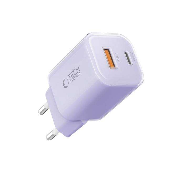 Bild 2, Tech-Protect 33W Väggladdare PD QC3.0 USB-C / USB-A Baby Purple