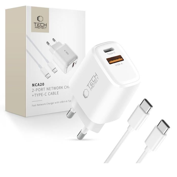 Bild 1, Tech-Protect 20W Väggladdare PD Inkl. USB-C - USB-C Kabel Vit
