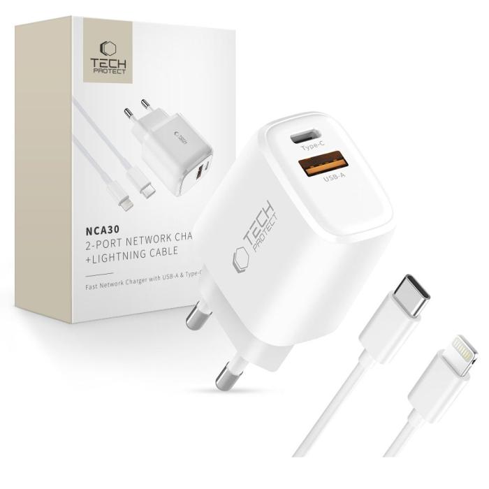 Bild 1, Tech-Protect 30W Väggladdare PD Inkl. Lightning - USB-C Kabel Vit