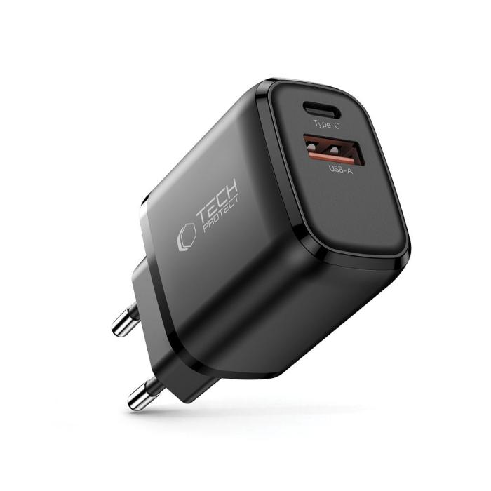Bild 2, Tech-Protect 20W Väggladdare PD QC3.0 USB-C / USB-A Svart