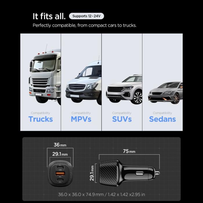 Bild 5, Spigen 113W USB-C / USB-A Billaddare Essential Svart
