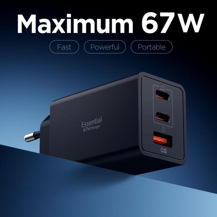 Bild 2, Spigen 67W Väggladdare 2x USB-C / USB-A Essential Svart