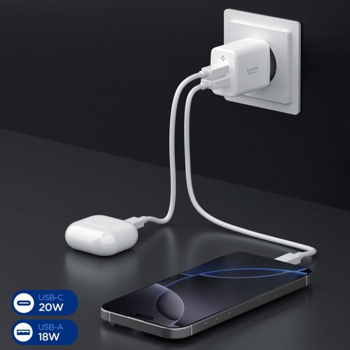 Bild 5, Spigen 20W Väggladdare USB-C / USB-A Essential Vit