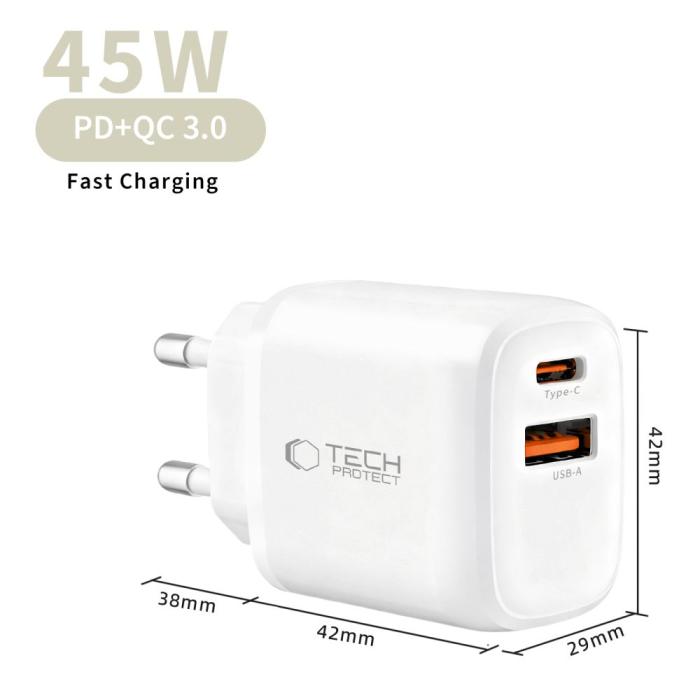 Bild 6, Tech-Protect 45W PD QC3.0 Väggladdare USB-C / USB-A Vit