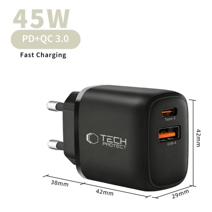 Bild 6, Tech-Protect 45W PD QC3.0 Väggladdare USB-C / USB-A Svart