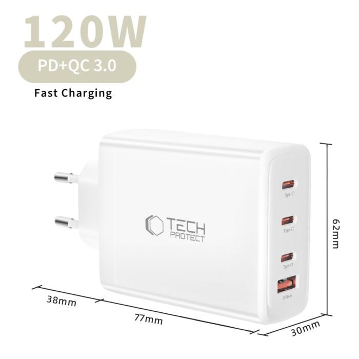 Bild 5, Tech-Protect 120W Väggladdare PD QC3.0 USB-C/USB-A Vit