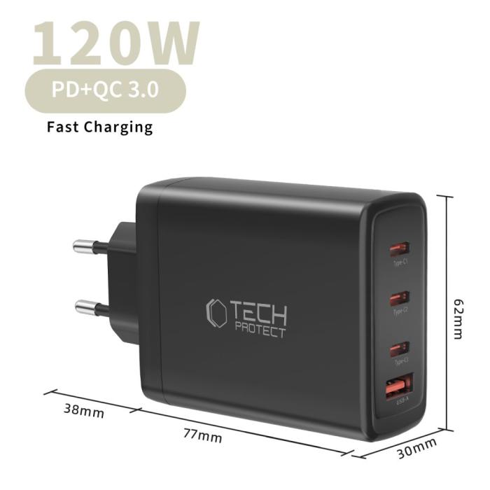 Bild 5, Tech-Protect 120W Väggladdare PD QC3.0 USB-C/USB-A Svart