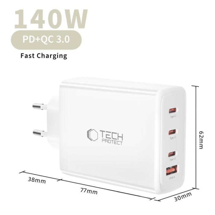 Bild 5, Tech-Protect 140W Väggladdare PD QC3.0 USB-C/USB-A Vit